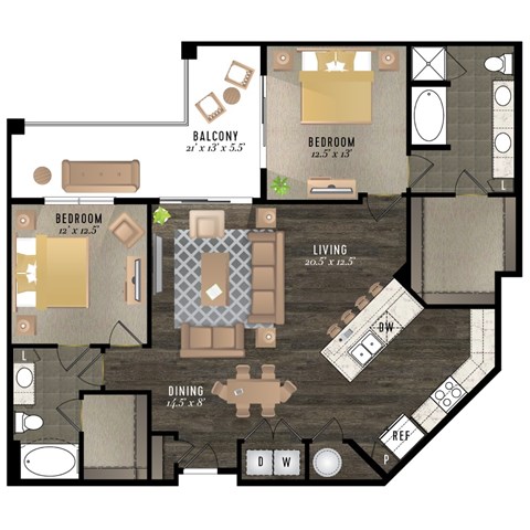 Floor plan for 2 beds, 2 baths, 1297 sqft